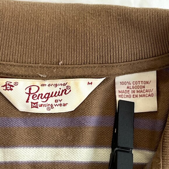 Penguin Polo Stiped Brown Short Sleeve Shirt Medium Y2K Cotton - Picture 7 of 11